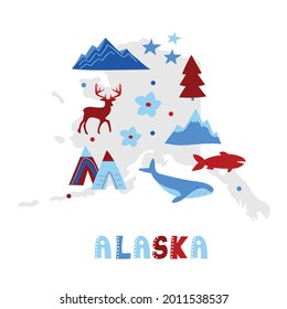 USA map collection. State symbols and nature on gray state silhouette - Alaska. Cartoon simple style for print