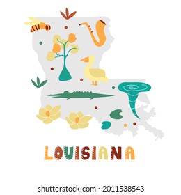 USA map collection. State symbols and nature on gray state silhouette - Louisiana. Cartoon simple style for print