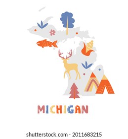 USA map collection. State symbols and nature on gray state silhouette - Michigan. Cartoon simple style for print