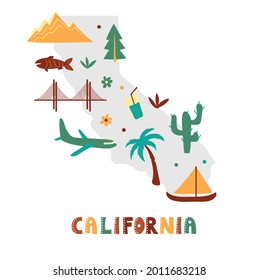 USA map collection. State symbols and nature on gray state silhouette - California. Cartoon simple style for print