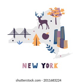 USA map collection. State symbols and nature on gray state silhouette - New york. Cartoon simple style for print