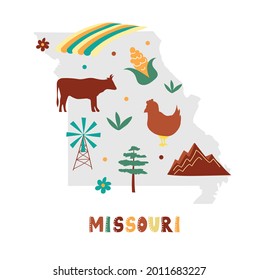 USA map collection. State symbols and nature on gray state silhouette - Missouri. Cartoon simple style for print