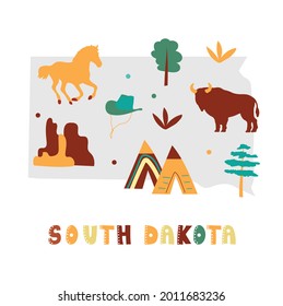 USA map collection. State symbols and nature on gray state silhouette - South Dakota. Cartoon simple style for print