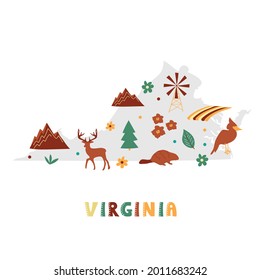 USA map collection. State symbols and nature on gray state silhouette - Virginia. Cartoon simple style for print