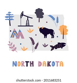 Colección de mapas de EE. UU. Símbolos estatales y naturaleza en silueta de estado gris - Dakota del Norte. Estilo de dibujo sencillo para imprimir