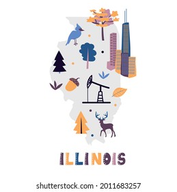 USA map collection. State symbols and nature on gray state silhouette - Illinois. Cartoon simple style for print
