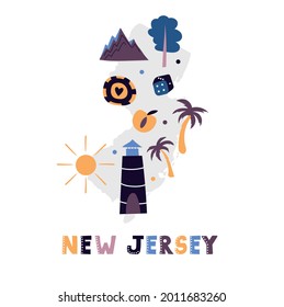 USA map collection. State symbols and nature on gray state silhouette - New Jersey. Cartoon simple style for print