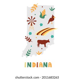 USA map collection. State symbols and nature on gray state silhouette - Indiana. Cartoon simple style for print