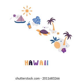 USA map collection. State symbols and nature on gray state silhouette - Hawaii. Cartoon simple style for print
