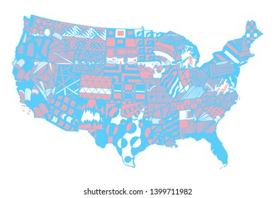 USA map color. Zentangle stylized. Sketch hand drawn. Doodle style freehand. Abstract map element with zentangle style ornament. USA map isolated on white background. Vector illustration.