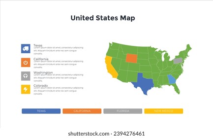 USA map with colored states. Country statistics visualization. Modern infographic design template. Vector illustration for statistical review or report, brochure, presentation, website, banner.