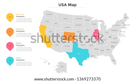 USA map with colored states. Country statistics visualization. Modern infographic design template. Vector illustration for statistical review or report, brochure, presentation, website, banner.