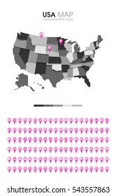 USA map. complete with icons. grey color