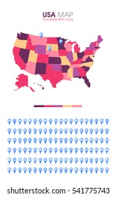 USA map. complete with icons. pink color