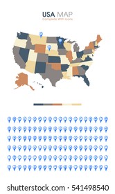 USA map. complete with icons. soft color