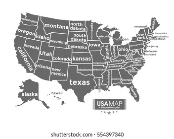 USA map complete with name of state. black color