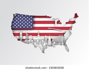 USA map concept with famous landmarks in paper cut style vector illustration.