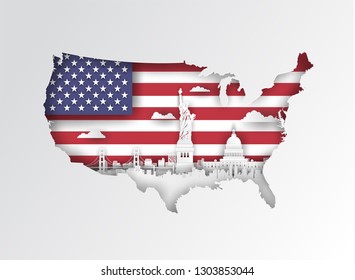 USA map concept with famous landmarks in paper cut style vector illustration.