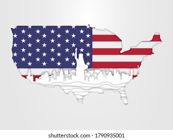 USA map concept with USA flag and famous landmarks of New York city in paper cut style vector illustration