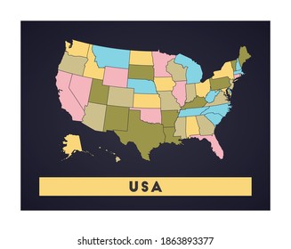 USA map. Country poster with regions. Shape of USA with country name. Authentic vector illustration.