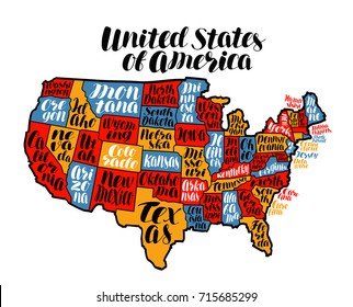 USA map country, United States of America. Lettering vector illustration