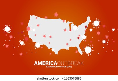 USA map with covid 19 virus shape and particle of Corona virus background. Concept for america outbreak and pandemic.