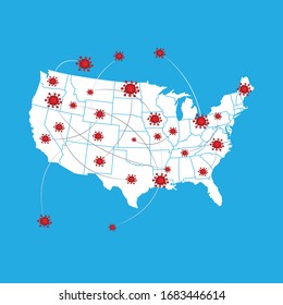 USA map with covid 19 virus shape and particle of Corona virus background. Concept for america outbreak and pandemic.