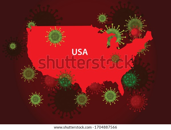USA map with covid-19 virus concept. Coronavirus is spread to all over the USA and infected to all countries. Vector illustration of red map design with influenza virus. Covid 19 map. 