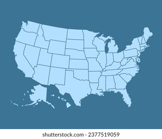 The USA map design in blue color. States map illustration with 50 states.