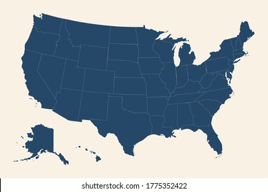 USA map with detailed provinces. Cyan blue, cream white background.