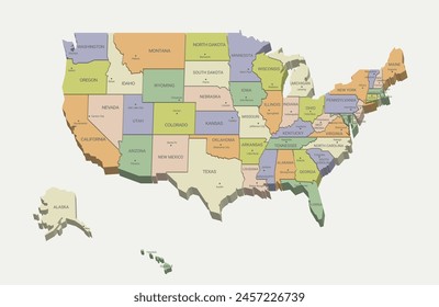 Mapa de Estados Unidos con Estados divididos. Mapa político de Vector con ciudades capitales en estilo 3D. Conjunto de infografías con divisiones administrativas, estados y límites geográficos simplificados de los Estados Unidos de América