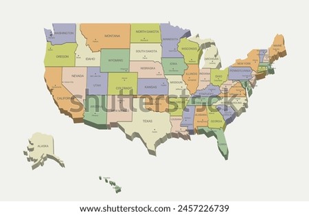 USA map with divided States. Vector political map with capital cities in 3D style. Infographic set with United States of America administrative divisions, states and simplified geographical boundaries