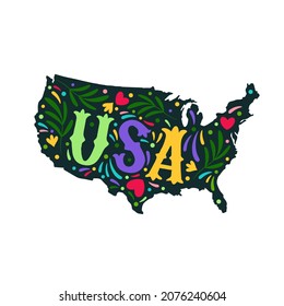 USA Map With Doodle Decorative Ornaments. For Printing On Souvenirs And T-shirts