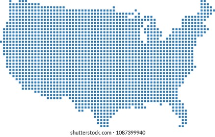 USA map dots vector outline illustration blue background. Dotted map of United States of America. Creative pixel art map of US with highly detailed border prepared by a map expert