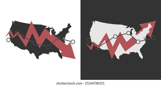 Mapa de EE.UU. con gráfico de caída y recuperación, flecha de estadísticas. Ilustración vectorial.