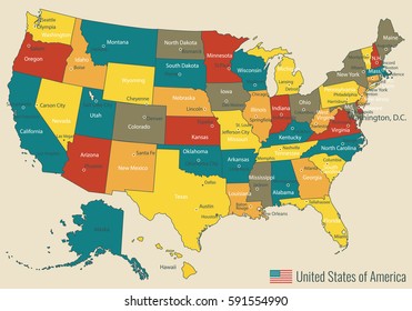 Mapa de EE.UU. con estados federales. Todos los estados son seleccionables. Ilustración del vector