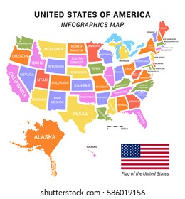 USA map with federal states including Alaska and Hawaii. United States vector map with map scale and American flag ready for your infographics. Easy editable flat design US map with data in layers.