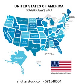 USA map with federal states including Alaska and Hawaii. United States vector map with map scale and American flag ready for your infographics. Easy editable flat design US map with data in layers.