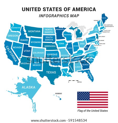 USA map with federal states including Alaska and Hawaii. United States vector map with map scale and American flag ready for your infographics. Easy editable flat design US map with data in layers.