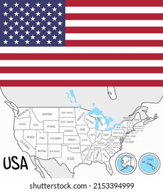 USA map fith flag and states - vector