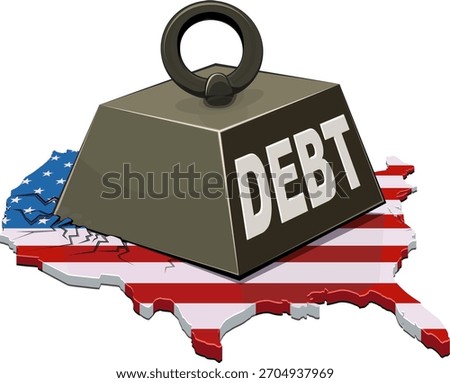 USA map (flag colors) being crushed by a heavy weight labeled "DEBT". Concept for financial crisis or government debt burden in America. (cut out)
