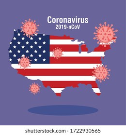 usa map and flag with covid19 particles vector illustration design