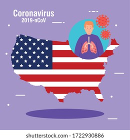 usa map and flag with covid19 particles and patient vector illustration design