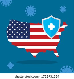 usa-Karte und Flagge mit covid19-Teilchen und Schild, Vektorgrafik-Design