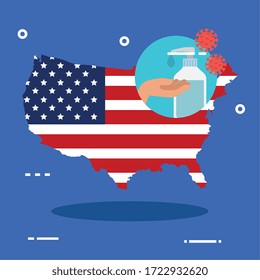 usa map and flag with covid19 particles and antibacterial bottle vector illustration design