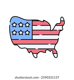 USA Map Flag, flat design illustration, U.S. map with a flag, symbolizing patriotism, great for travel and national designs.