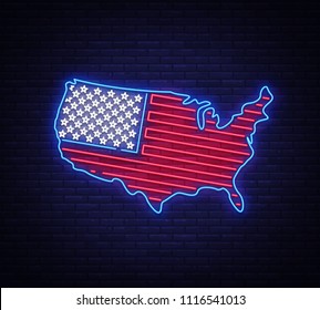 USA map and flag neon vector sign. USA map symbol banner light, bright night Illustration. Vector illustration