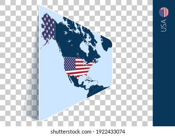 USA map and flag on transparent background. Highlighted USA on blue vector map.