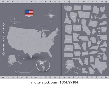 USA map and flag with regions. High Detailed Vector Illustration.