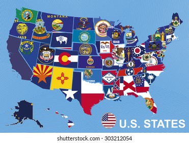 USA map with flags of states, on blue background with Alaska and Hawaii